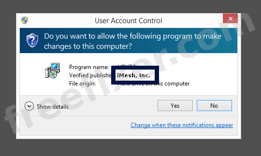 Screenshot where iMesh, Inc. appears as the verified publisher in the UAC dialog